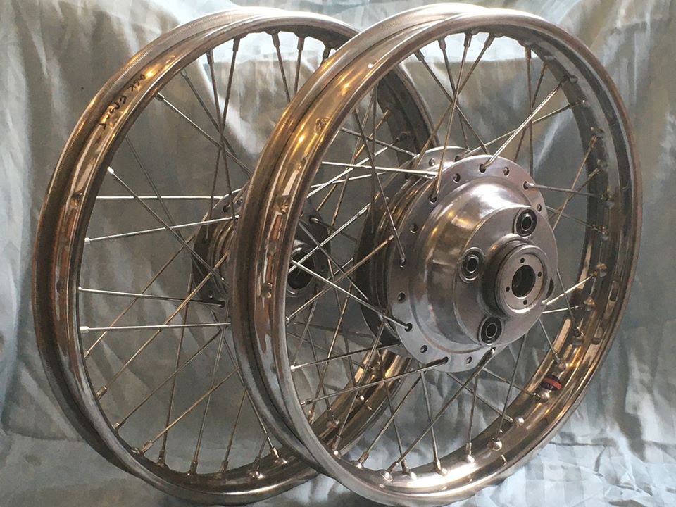 A pair of rebuilt wheels for a Honda CB400